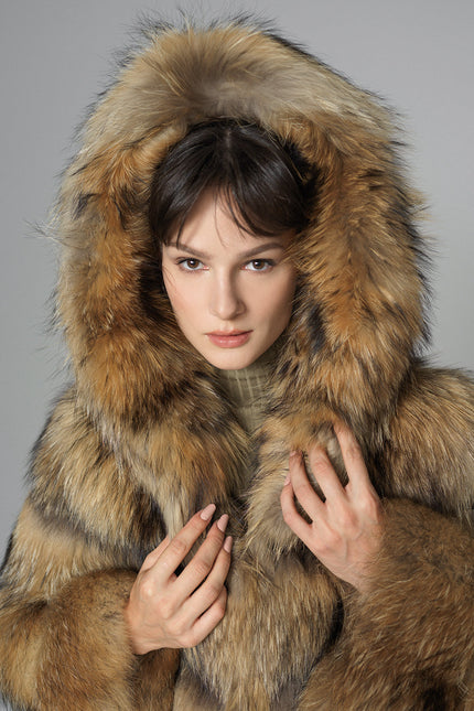 Brown Hooded Arctic Fox Raccoon Fur Jacket-2