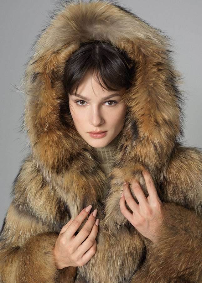 Brown Hooded Arctic Fox Raccoon Fur Jacket-2