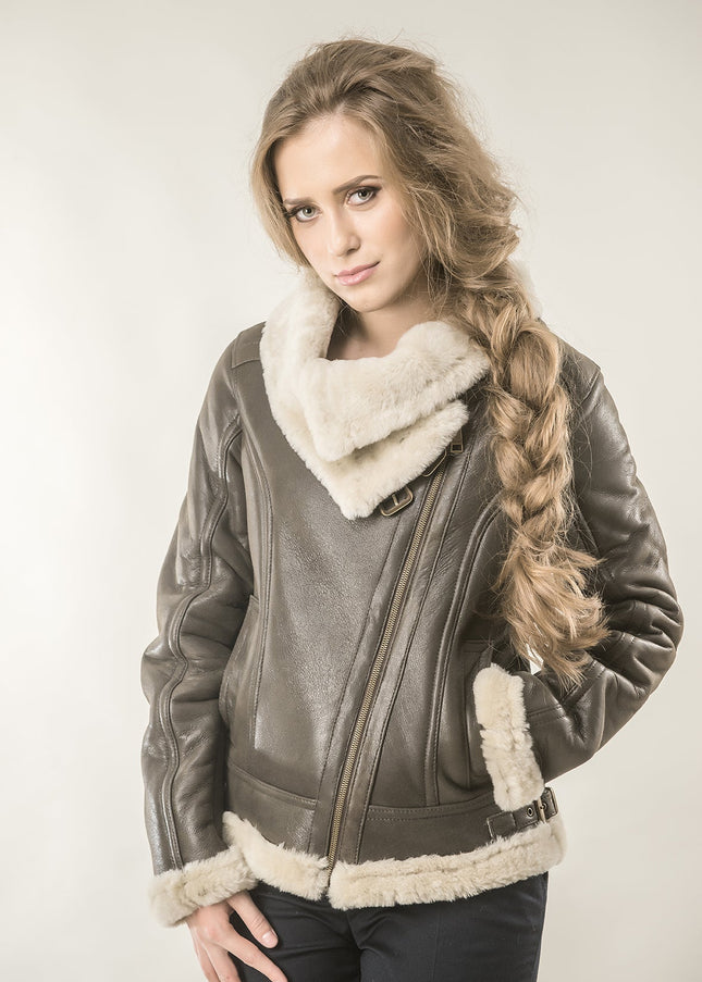 Brown Shearling Leather Biker Jacket with Merino Fur-0