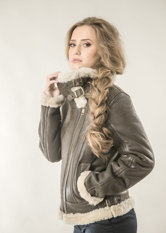 Brown Shearling Leather Biker Jacket with Merino Fur-1