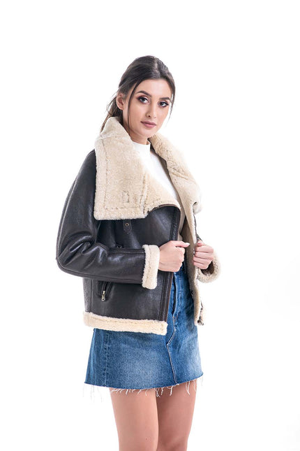 Brown Shearling Leather Jacket with Merino Fur Detailing-1