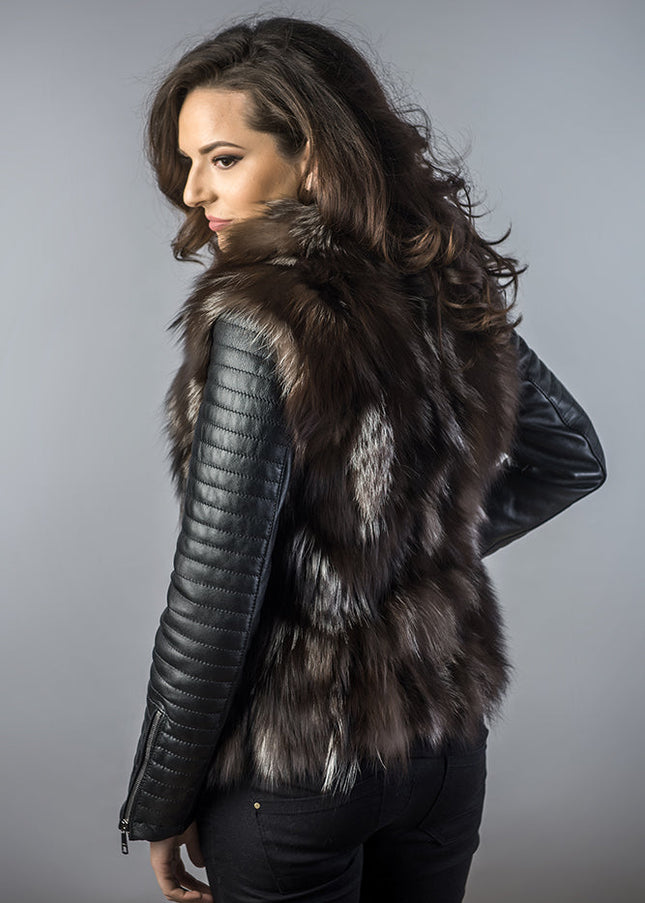 Brown Silver Genuine Arctic Fox Fur Lamb Nappa Leather Jacket-1