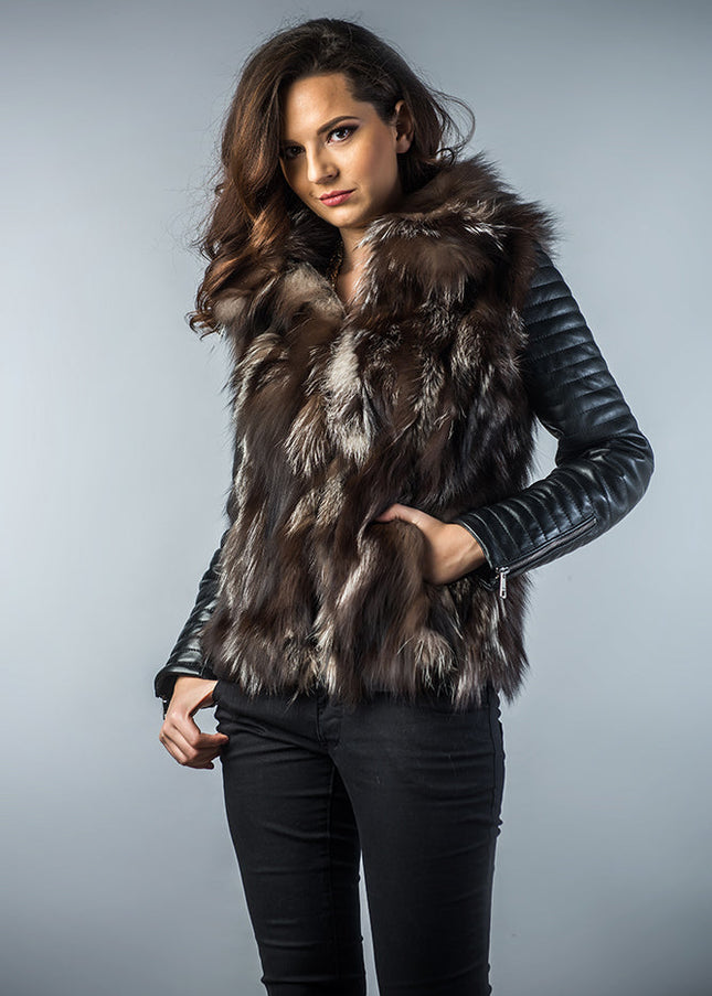 Brown Silver Genuine Arctic Fox Fur Lamb Nappa Leather Jacket-2