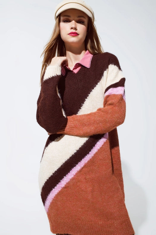 Brown Striped Oversized Chunky Knit Dress with Crew Neck