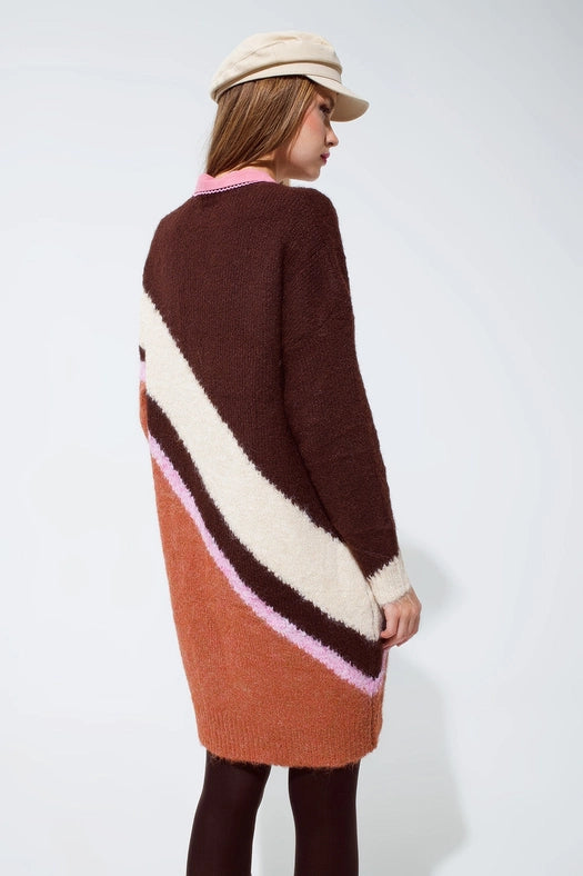 Brown Striped Oversized Chunky Knit Dress with Crew Neck