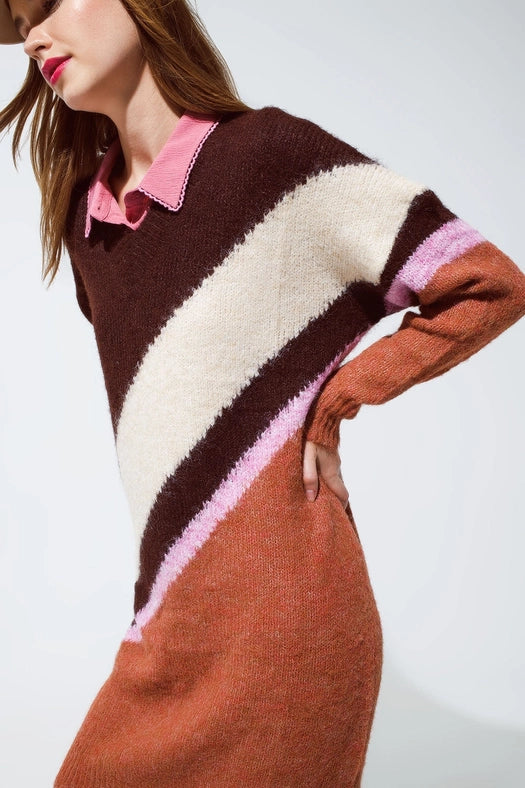 Brown Striped Oversized Chunky Knit Dress with Crew Neck