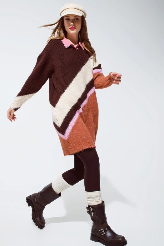 Brown Striped Oversized Chunky Knit Dress with Crew Neck