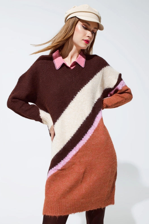 Brown Striped Oversized Chunky Knit Dress with Crew Neck