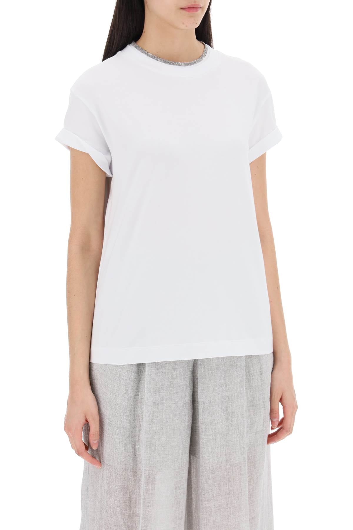 Brunello cucinelli cotton t-shirt with precious coll-women > clothing > topwear-Brunello Cucinelli-l-White-Urbanheer