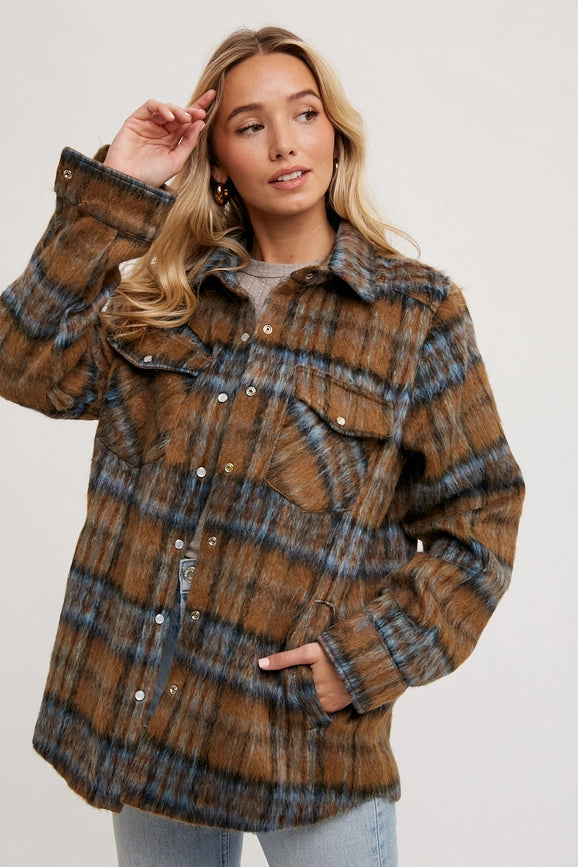 Brushed Flannel Plaid Shacket MOCHA COMBO