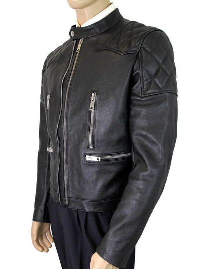 Burberry Men's Black Leather Diamond Quilted Biker Jacket