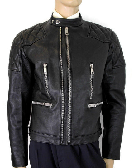 Burberry Men's Black Leather Diamond Quilted Biker Jacket