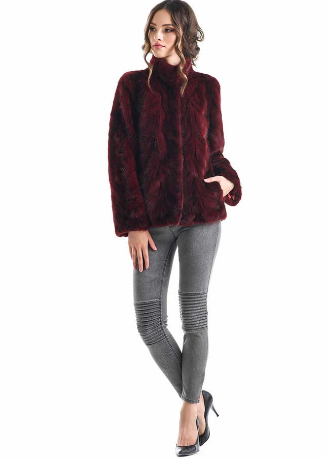 Burgundy Luxury Genuine Mink Fur Jacket-2