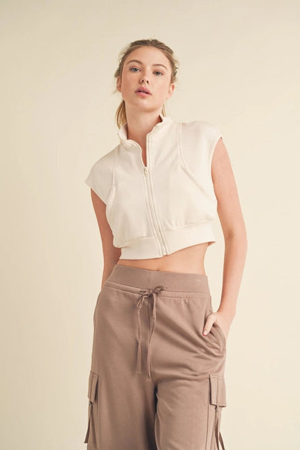 Butter-Soft Cropped Scuba Sleeveless Jacket Beige