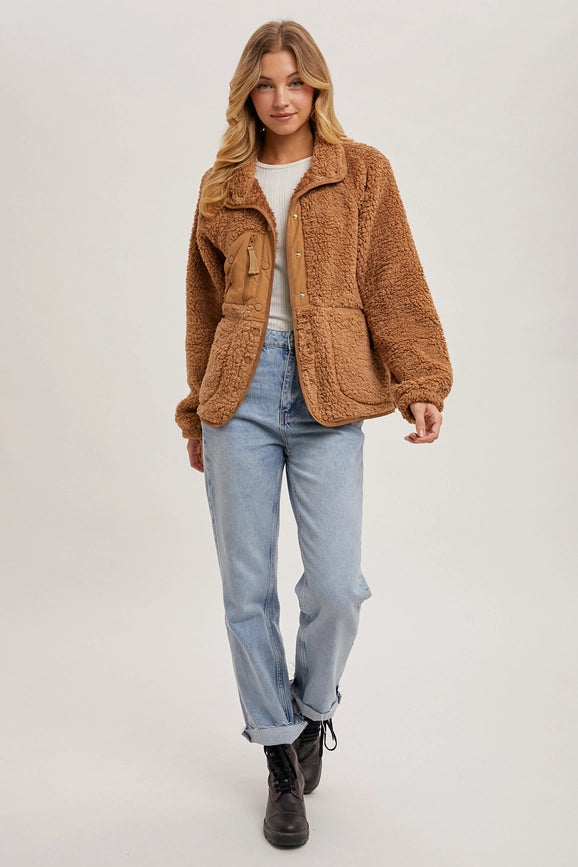 Button Down Fleece Sherpa Jacket CAMEL