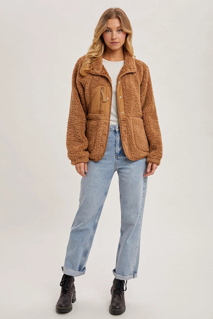 Button Down Fleece Sherpa Jacket CAMEL