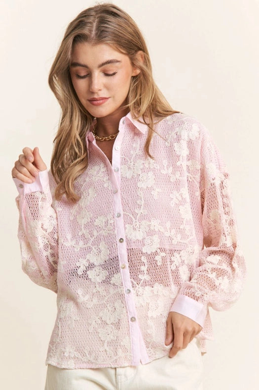 Button Up Long Sleeve Embossed Lace Top