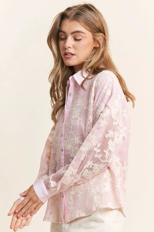 Button Up Long Sleeve Embossed Lace Top