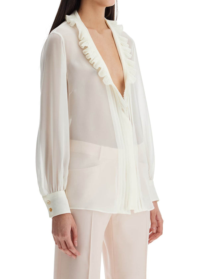 Tom Ford cream silk shirt with ruffled collar and mother-of-pearl buttons