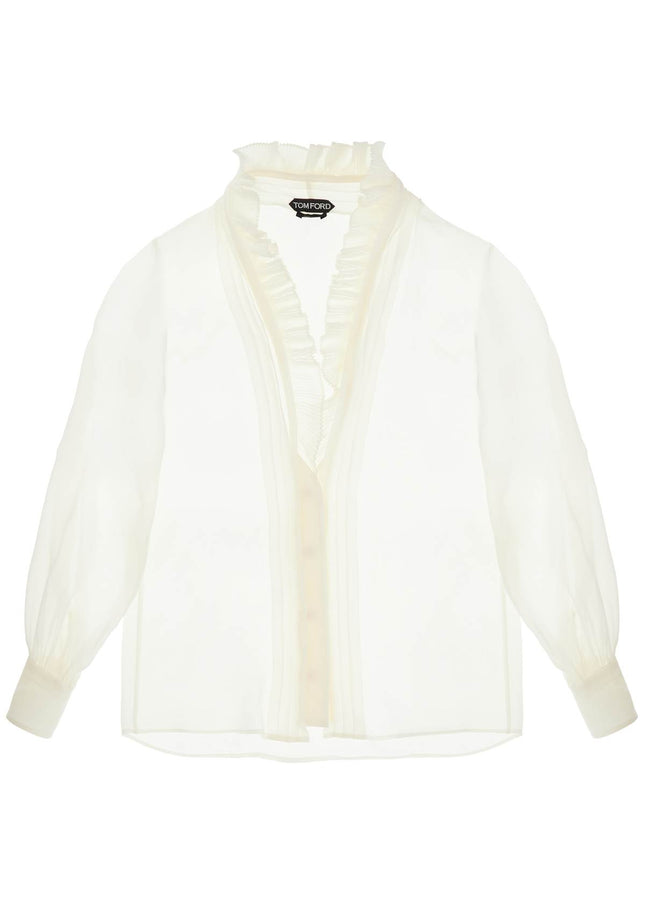 Tom Ford cream silk shirt with ruffled collar and mother-of-pearl buttons