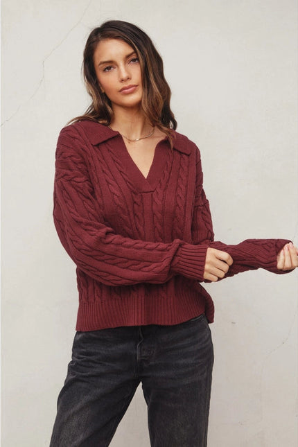 Cable Knit Collared Sweater BURGUNDY