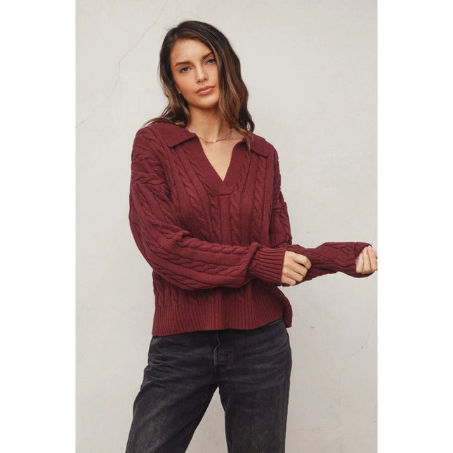 Cable Knit Collared Sweater BURGUNDY