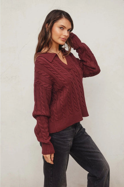 Cable Knit Collared Sweater BURGUNDY