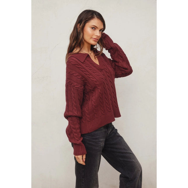 Cable Knit Collared Sweater BURGUNDY