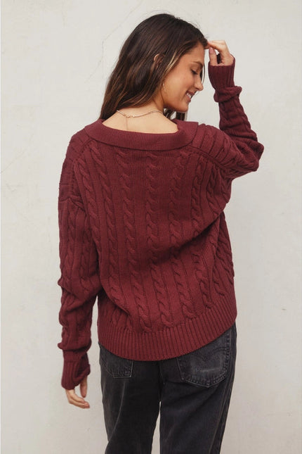 Cable Knit Collared Sweater BURGUNDY