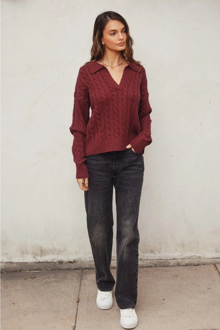 Cable Knit Collared Sweater BURGUNDY