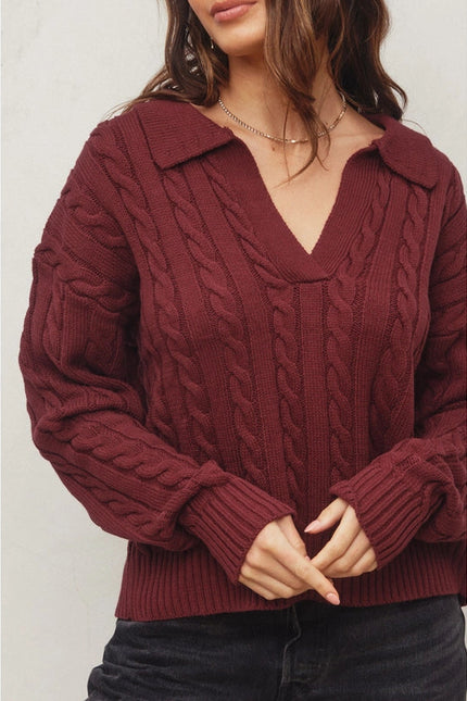 Cable Knit Collared Sweater BURGUNDY