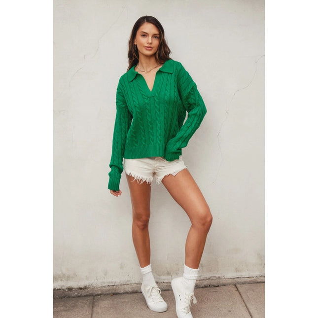 Cable Knit Collared Sweater POLO GREEN