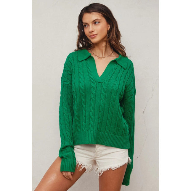 Cable Knit Collared Sweater POLO GREEN