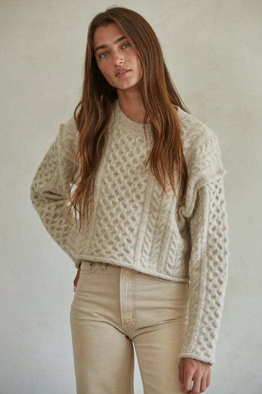 Cable Knit Crew Neck Long Sleeve Pullover Top