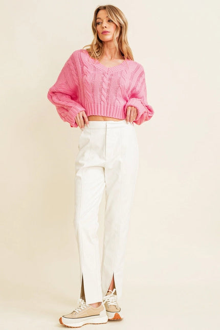 Cable Knit Cropped Sweater For Women Pink