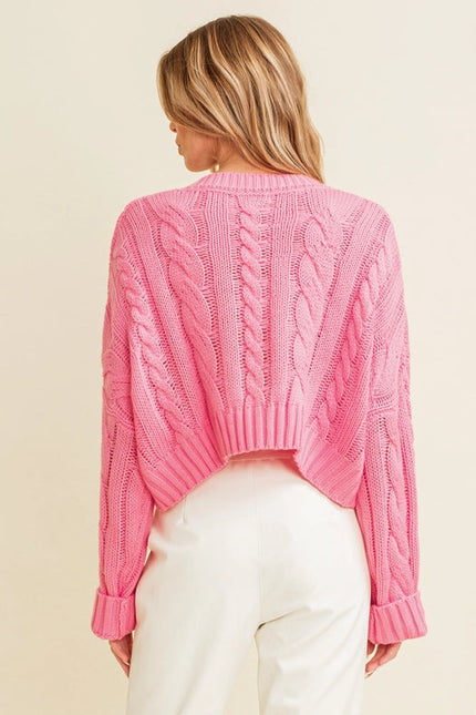 Cable Knit Cropped Sweater For Women Pink