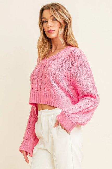 Cable Knit Cropped Sweater For Women Pink