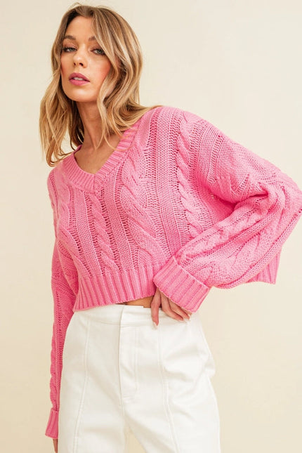 Cable Knit Cropped Sweater For Women Pink