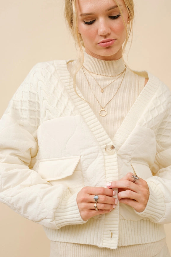 Cable Sweater Mix Media Quilted Crop Jacket