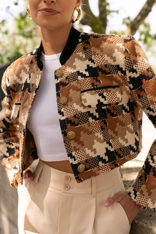 Camel Print Tweed Cropped Blazer Jacket with Velvet Collar