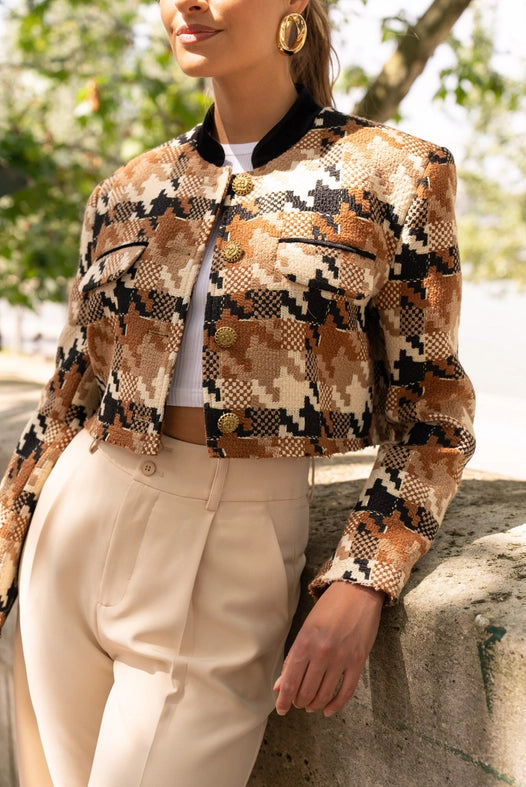 Camel Print Tweed Cropped Blazer Jacket with Velvet Collar