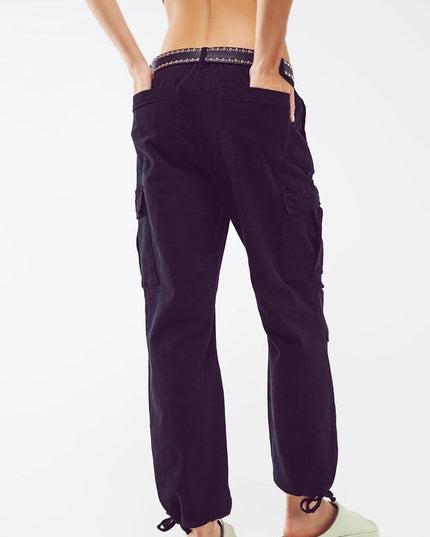 Cargo Pants With Tassel Ends In Black