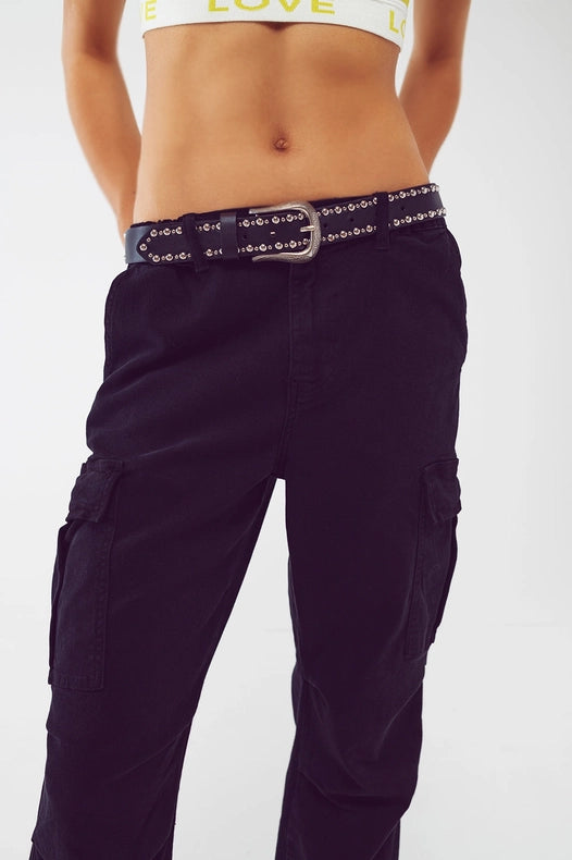 Cargo Pants With Tassel Ends In Black