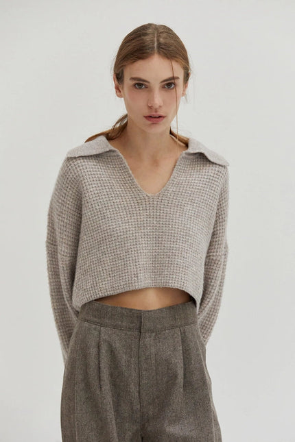 Carter Waffle Polo Sweater Knit Top H. GREY