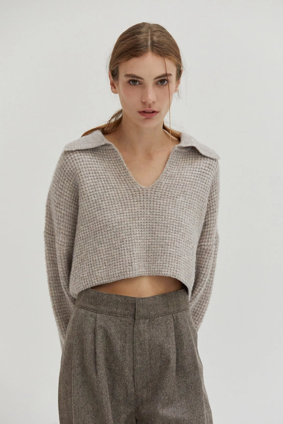 Carter Waffle Polo Sweater Knit Top H. GREY