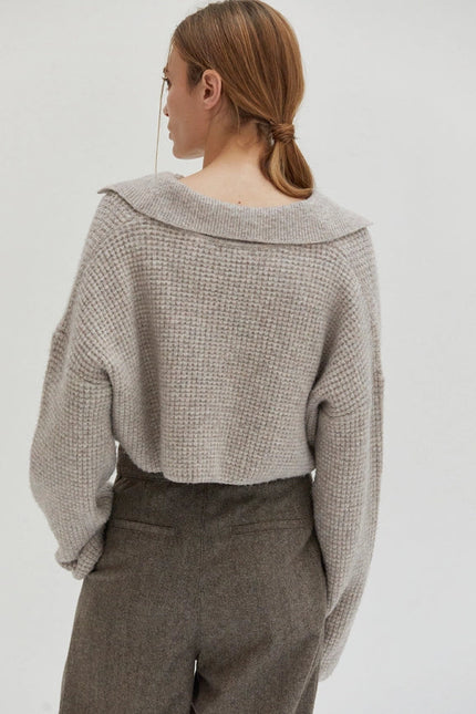 Carter Waffle Polo Sweater Knit Top H. GREY