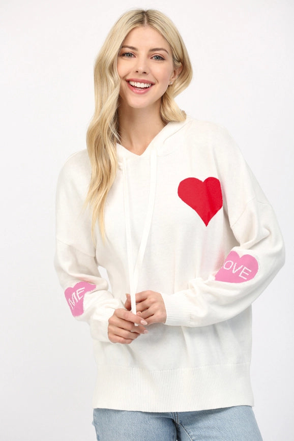 Cashmere Blend Heart Intarsia Knit Hooded Sweater