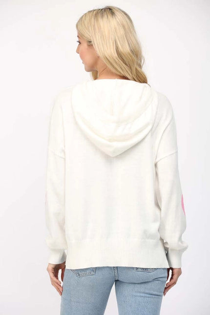 Cashmere Blend Heart Intarsia Knit Hooded Sweater