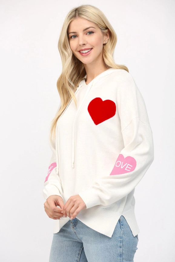 Cashmere Blend Heart Intarsia Knit Hooded Sweater