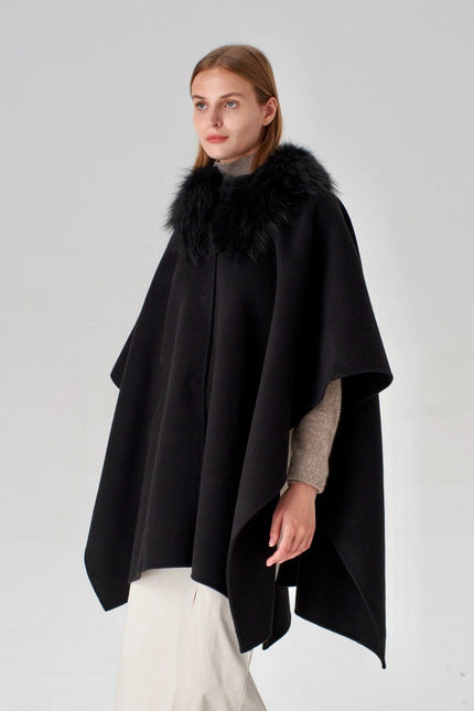 Cashmere Cape with Detachable Fur Collar - Black